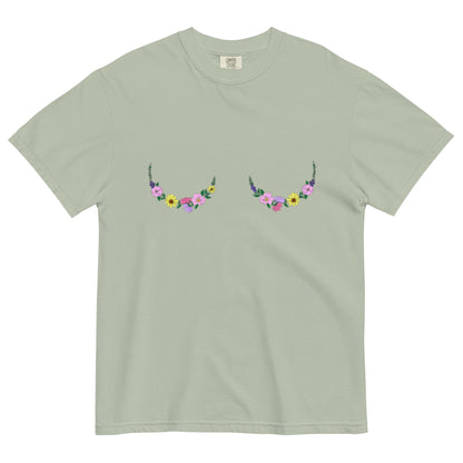 boobs t-shirt with colorful floral art design.