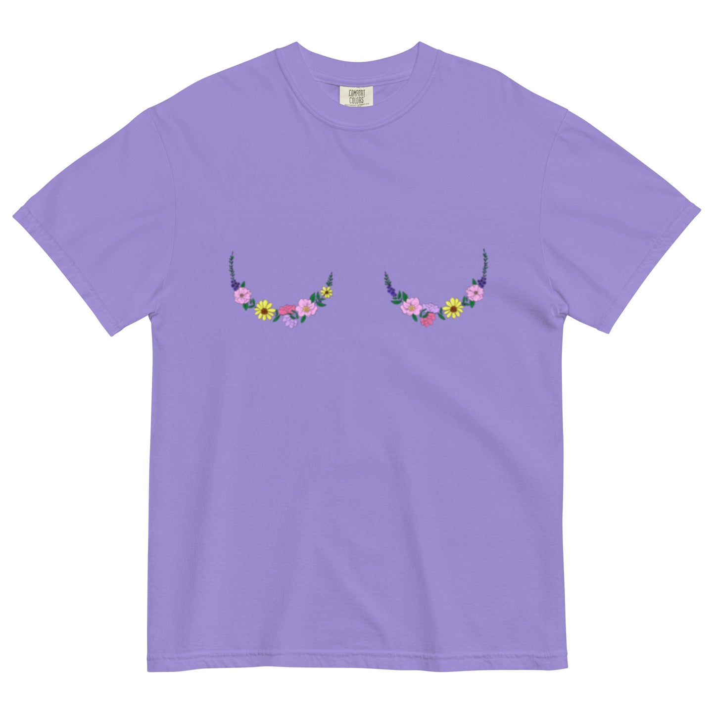 boobs t-shirt with colorful floral art design.