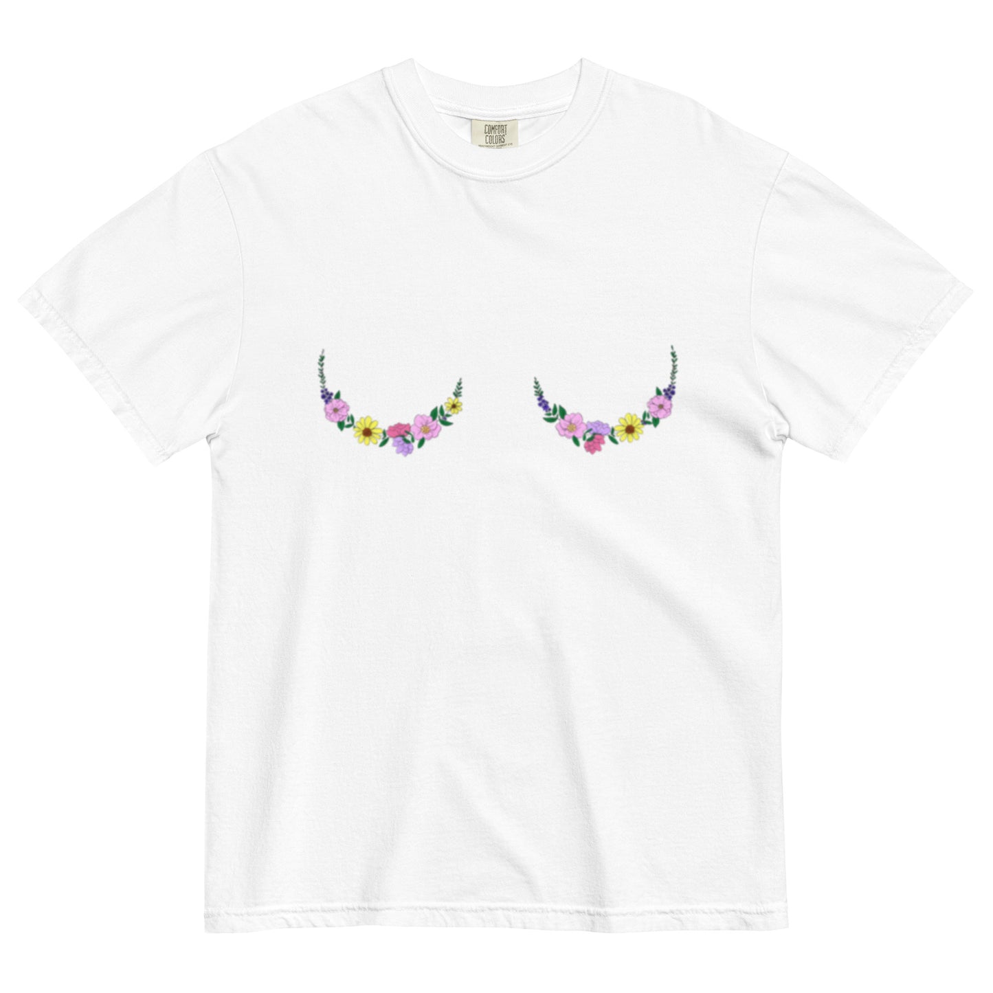 boobs t-shirt with colorful floral art design.